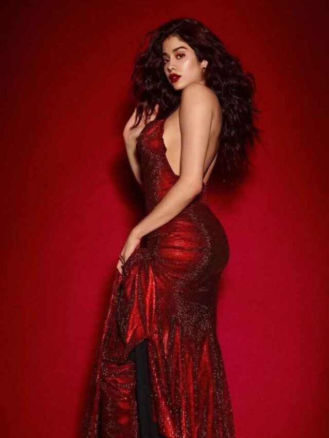 Stylish Janhvi Kapoor in a red shimmery backless dress