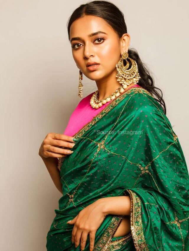 Tejasswi Prakash look stunning in a green saree, pink blouse and pearl necklace