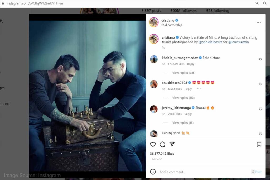 Cristiano Ronaldo hits 500 Million Instagram followers after posting Louis  Vuitton advert with Lionel Messi