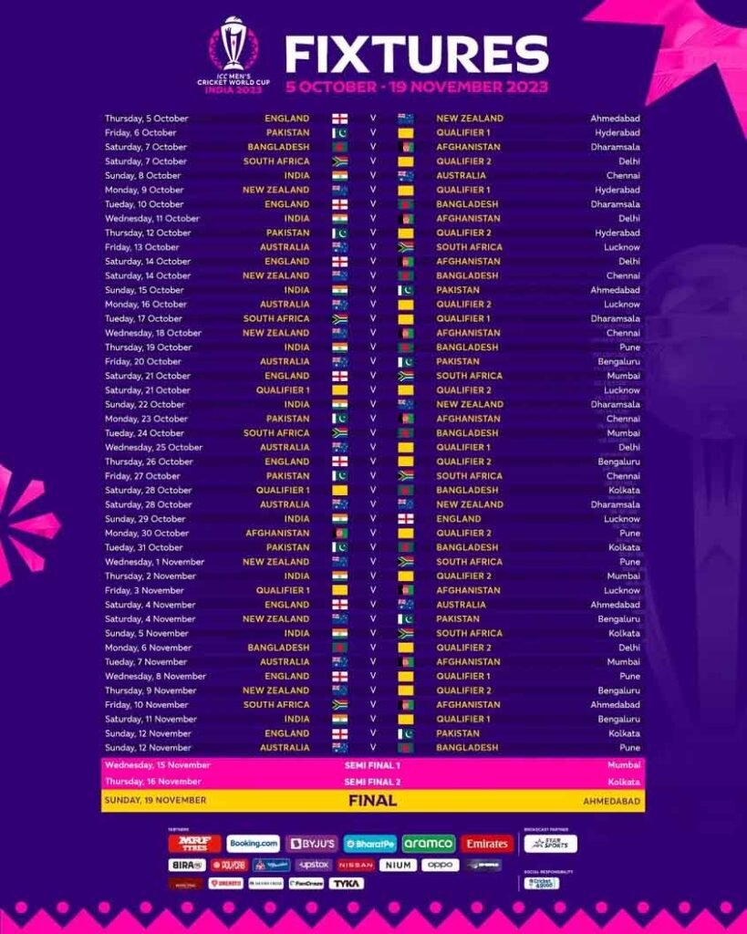 ODI World Cup 2023 schedule